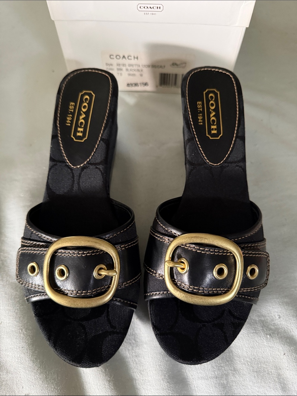 COACH Black Wedge Slide Sandals with Gold Buckle Accent - Picture 6 of 6